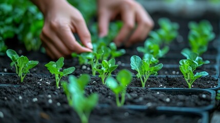 Fresh seedlings planted in a lush vegetable garden with fertile soil hands carefully arranging young plants in neat rows outdoors