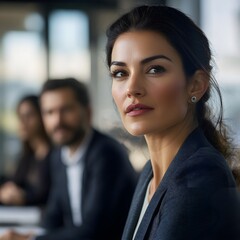 Obraz premium Close-up portrait of a businesswoman in a meeting, with colleagues blurred. Focused and professional, ideal for corporate and leadership themes.
