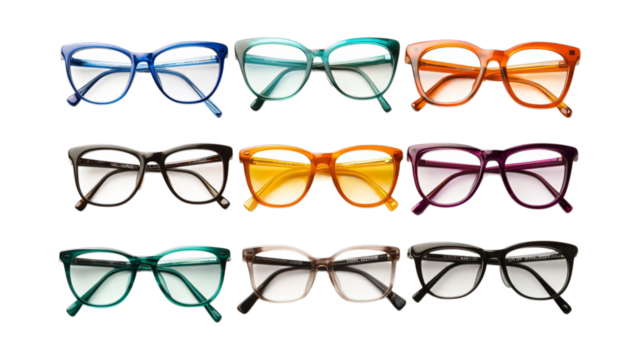 Assorted colorful eyeglass frames on transparent background