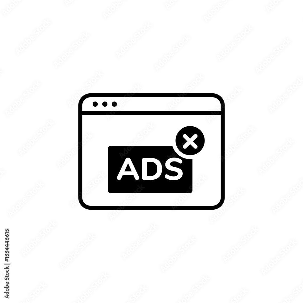 Poster minimalist icon of a web browser window with an ad and a cross symbol for closing or removal.