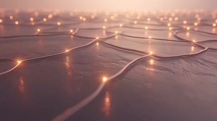 Illuminated network lines on dark surface.