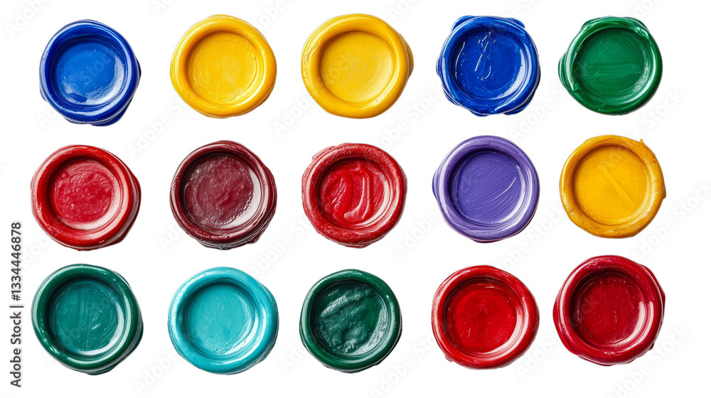 Aufkleber vibrant open jars of paint arranged in rows on transparent background