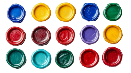 Vibrant open jars of paint arranged in rows on transparent background