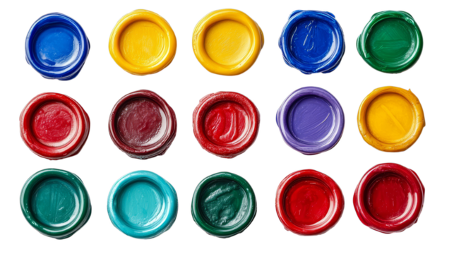 Vibrant open jars of paint arranged in rows on transparent background