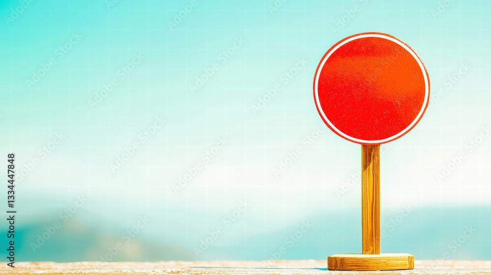 Poster bold red stop sign placed on a rustic wooden table creating a striking visual contrast