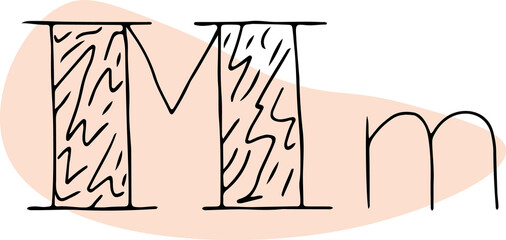 capital letter and lowercase letter M with a light beige filling background of a rounded shape black crooked lines drawn with hand