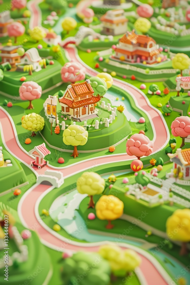Poster game map featuring flat clean lines illustrations and three dimensional rendering white background