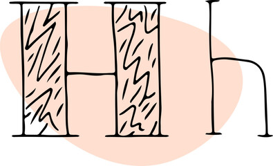 capital letter and lowercase letter H with a light beige filling background of a rounded shape black crooked lines drawn with hand