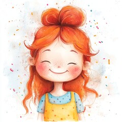 Cheerful red-haired girl with freckles and a kind smile, watercolor painting full of light and colorful confetti with a dreamy background