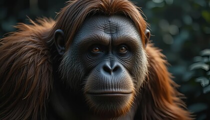 Fototapeta premium Close Up Portrait of an Orangutan in Lush Green Foliage
