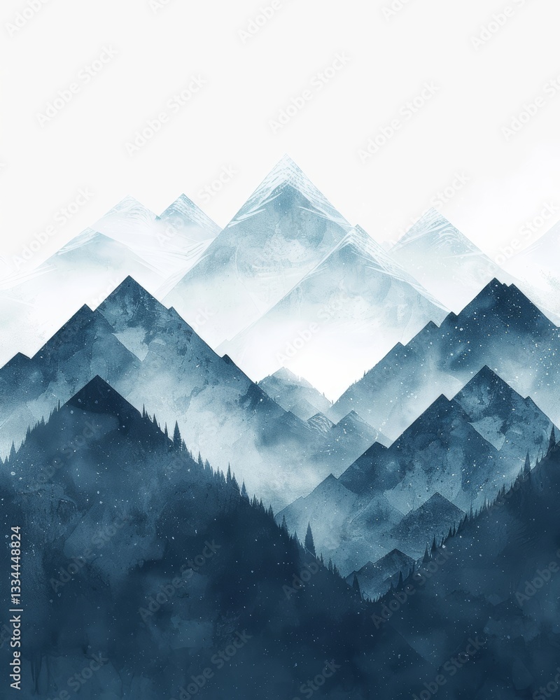 Poster geometric shapes in soft blue colours with mountains and clean lines presentation