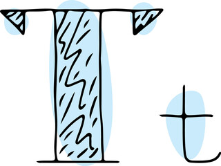 capital letter T and lowercase letter t hand drawn in black with shaded lines capital letter with light blue fills in a rounded shape