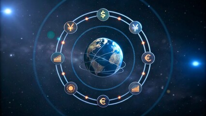 Global Currency Symbols Surrounding Earth in Digital Space with Bright Stars and Planets