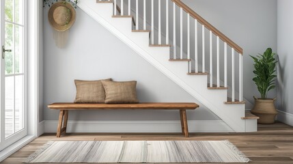 Banco de madera contra pared gris y escalera. © 정은 서
