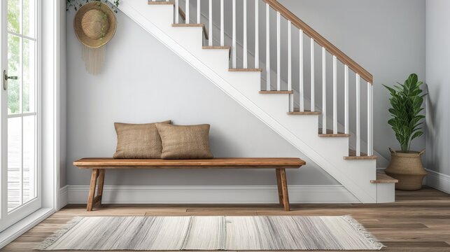 Banco de madera contra pared gris y escalera.