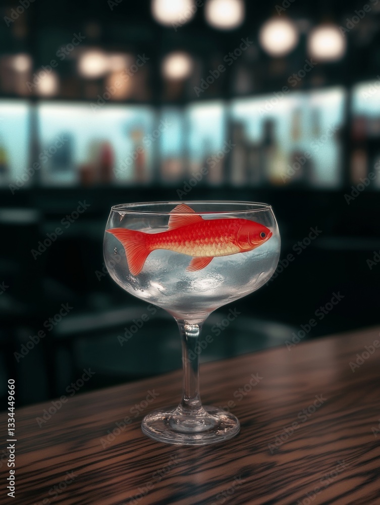 Poster glass with water and red fish floating inside isolated on transparent background