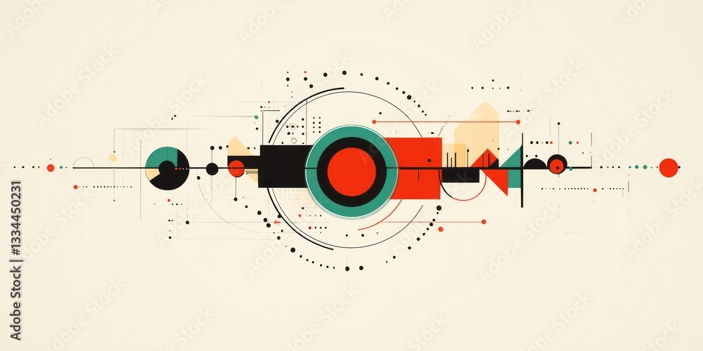 Poster abstract geometric composition features circles squares and connecting lines
