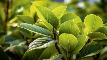 Obraz premium Close-up botanical splendor showcasing vibrant green leaves and unopened flower buds on a warm sunny day in a verdant garden