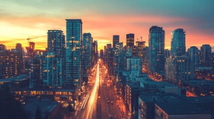City Skyline at Sunset with Busy Highway