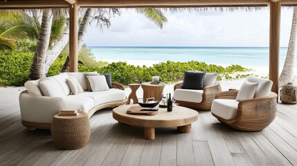 Obraz premium Open-air hotel lounge with modern furniture, stylish lighting, and a beautiful oceanfront view.