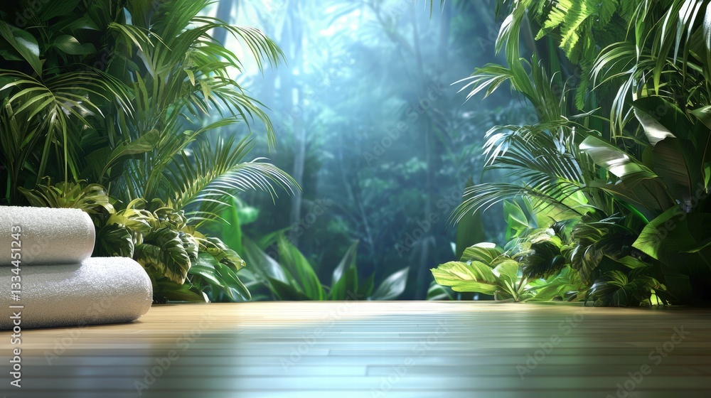 Poster inviting bathroom designed with a lush jungle backdrop creating a unique and relaxing atmosphere