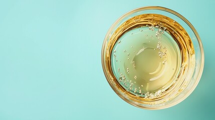 Top view of a golden drink in a glass on blue background