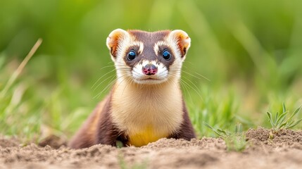Fototapeta premium A curious ferret peeks from the ground, showcasing its distinctive markings against a lush green background.