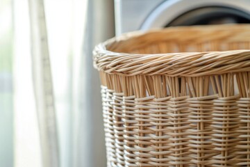 Fototapeta premium clean laundry in a wicker basket on a blurred background of a washing machine and a shelf with cleaning products