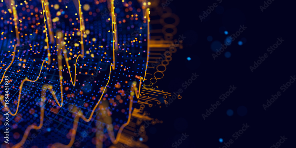 Poster big data complex round graph. quantum computing universe. cyber space of ai technology. futuristic g