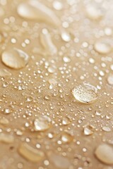 Close up macro shot of glistening water droplets resting on a textured beige surface, highlighting surface tension and natural purity in a soft focus composition