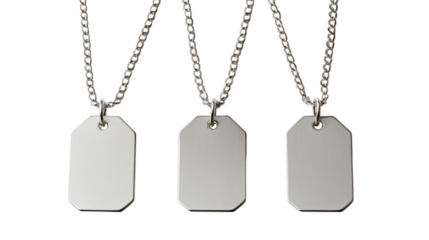 Three stainless steel military dog tags on chains isolated on transparent background