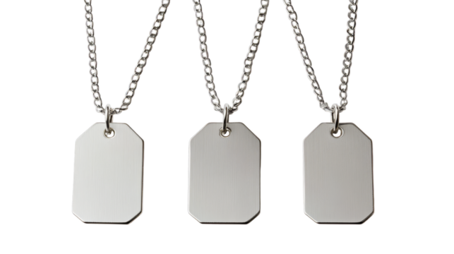 Three stainless steel military dog tags on chains isolated on transparent background