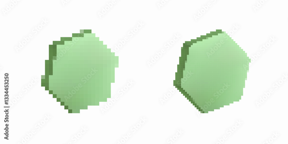 Poster two green hexagons with rough pixel edges. simple geometric shapes in a minimalist style.