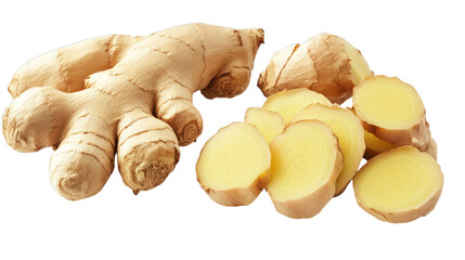 Fresh ginger root and slices isolated on transparent background