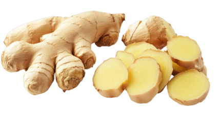 Fresh ginger root and slices isolated on transparent background