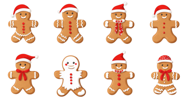 Festive gingerbread men in santa hats with decorative icing on transparent background