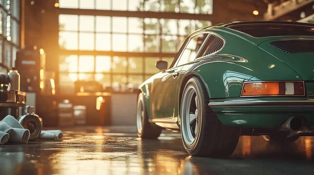 Fototapeta Classic Green Sports Car in a Workshop