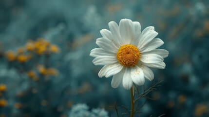Close-up of a delicate white daisy flower with a vibrant yellow center, standing gracefully against a softly blurred teal and gold bokeh backdrop