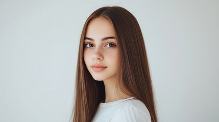A woman with long brown hair is standing in front of a white wall