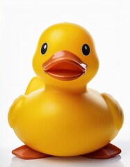 y Single bright yellow rubber duck with a simple design on a white background. 