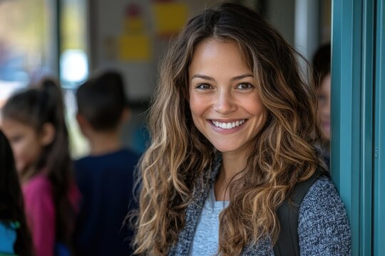 Smiling woman near school children happy teacher