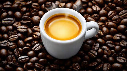 Fototapeta premium A white cup of espresso sits atop a bed of roasted arabica beans with rising vapor trails