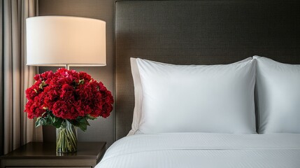 Stylish hotel room with a luxurious bed, fresh flower arrangement, and soft lighting ambiance.