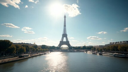 Obraz premium Tower against a bright sky, landmark silhouette reflecting on water, serene atmosphere, perfect for travel themes.