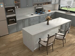 Luxury kitchen interior design with warm tone, white marble center island in waterfall, two chairs, pastel cabinets, double ovens and gray refrigerator, essential utensils. 3D Rendering. Mockup 