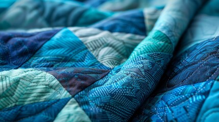 Close-up of a handmade patchwork quilt featuring a beautiful geometric pattern and calming blue and turquoise color scheme, showcasing detailed stitching