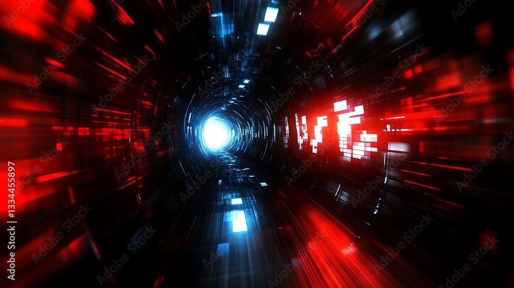 Aufkleber sci fi tunnel of data stream hyperspace flight red blue futuristic cyberpunk visuals abstraction