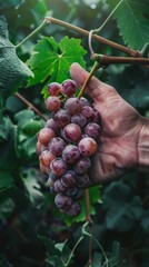 Obraz premium Close up of a human hand gently holding a bunch of ripe red grapes hanging from a vine in a lush green vineyard during harvest time