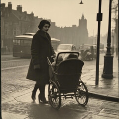 Obraz premium Mom on a walk with her baby in a pram, past years. Retro style