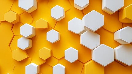 White 3D Pentagons Shapes on Yellow Background, Abstract Image, Texture, Pattern Background, Wallpaper, Cover and Screen for Smartphone, PC, Laptop, 9:16 and 16:9 Format